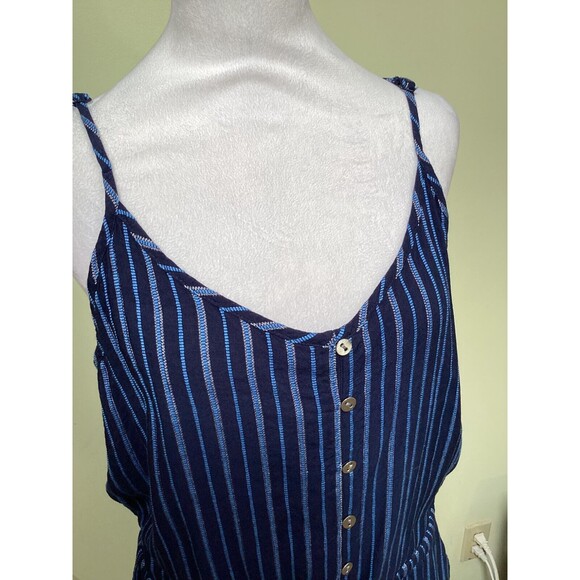 Loft Blue Striped Linen Blend Drawstring Waist Adjustable Strap Romper Size L - Picture 2 of 10